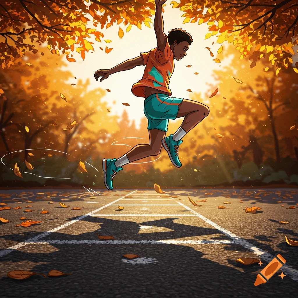 Cartoon illustration of a person jumping over lines on a path, surrounded by autumn leaves and trees.