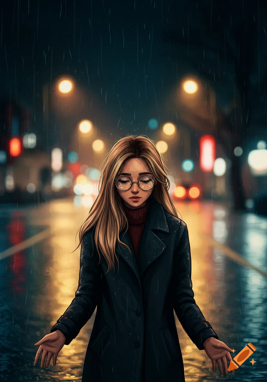 Digital illustration of a lonely woman with glasses in a dark coat, walking down a rainy city street at night with blurred lights.