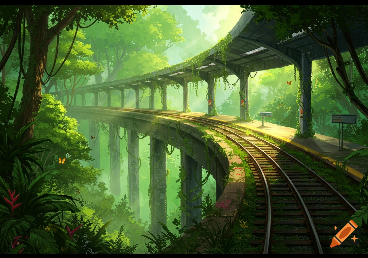 Digital illustration of an abandoned, overgrown elevated train track and station nestled within a lush jungle.