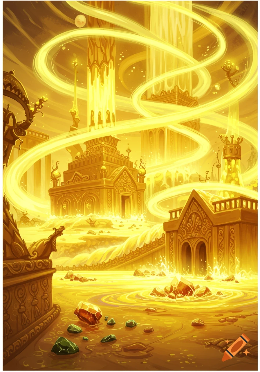 A golden, ethereal fantasy city with ornate buildings, flowing energy, and scattered jewels in a luminous landscape, digital art.