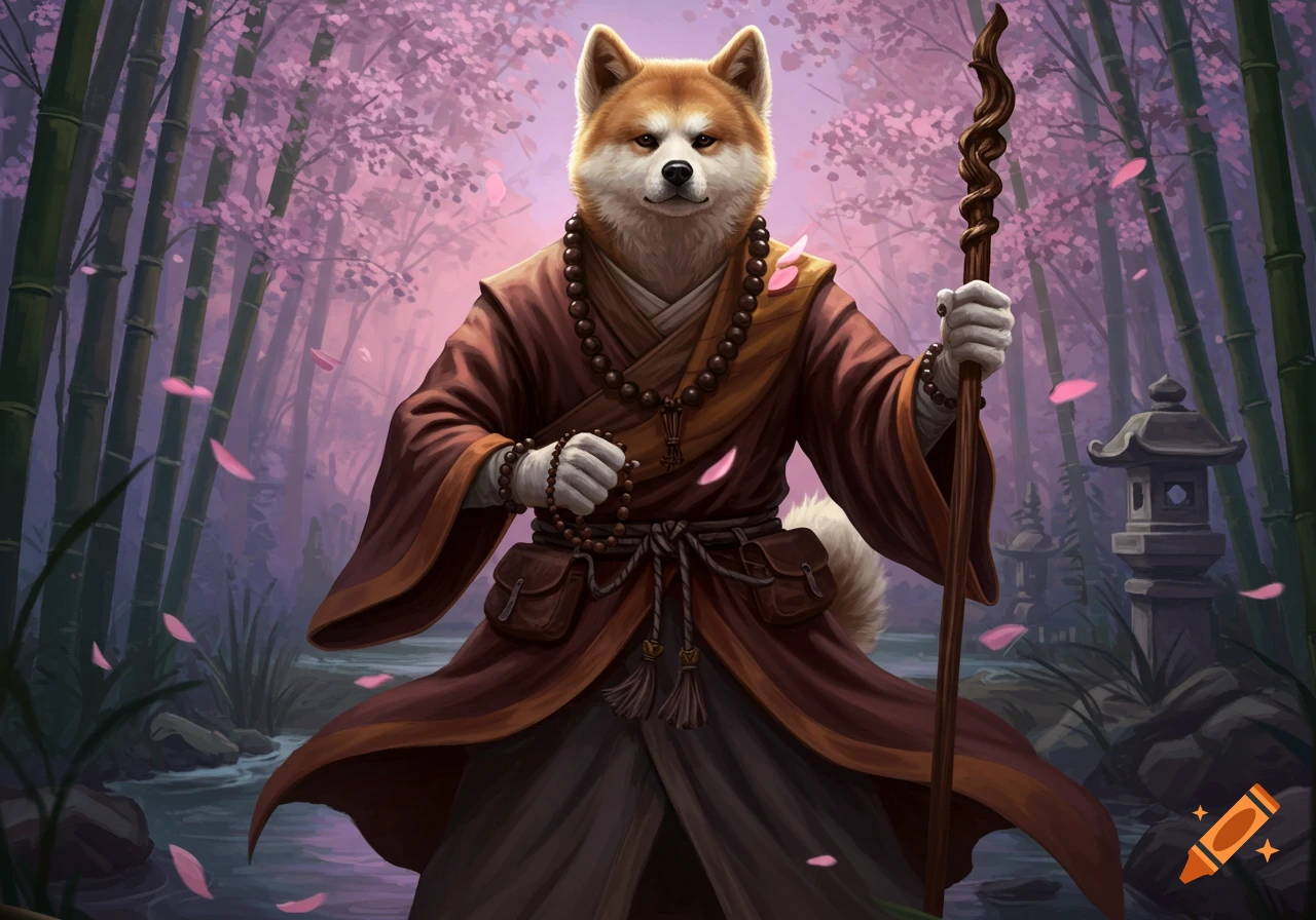 An Akita dog dressed as a monk with prayer beads and a staff in a cherry blossom bamboo forest, illustration style.