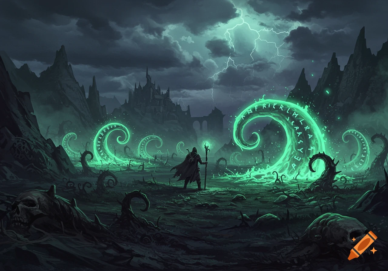 A cloaked wizard stands in a desolate, stormy dark fantasy landscape, surrounded by glowing green magical tentacles and skulls.