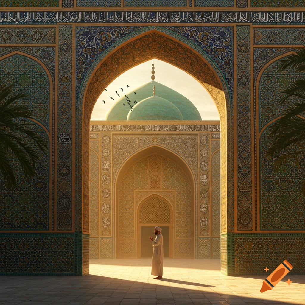 A man prays in a sunlit archway of an intricately tiled mosque, with green domes and flying birds in the background.