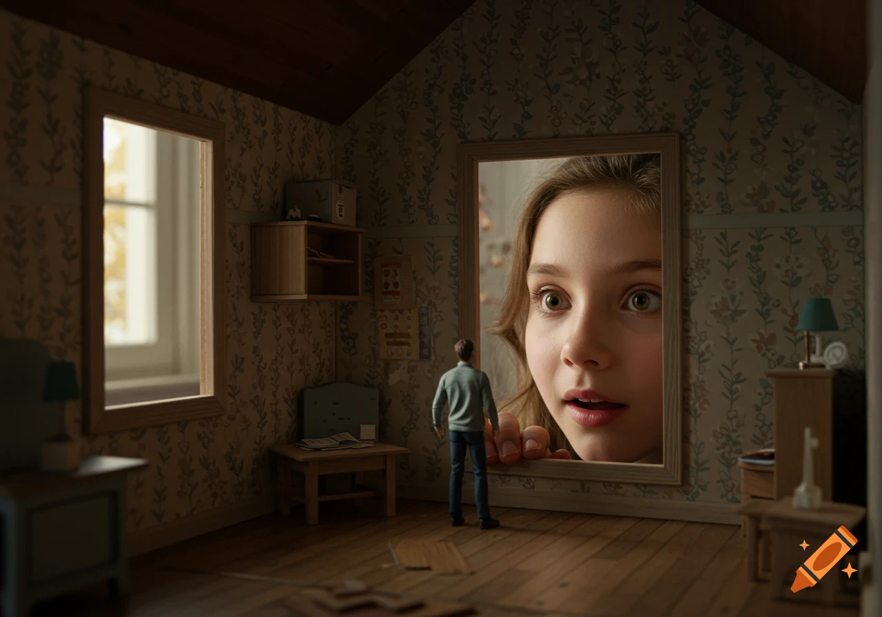 A giant young girl's face peers into a miniature dollhouse room through a window, a tiny man looks up scared.