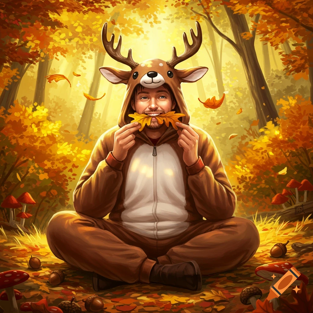 A smiling man in a deer onesie sits cross-legged in a vibrant autumn forest, holding golden leaves to his mouth.