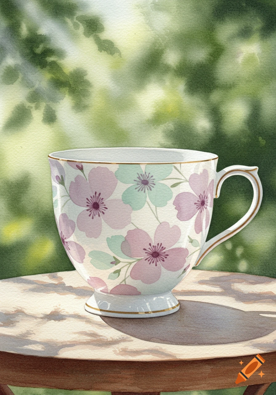 Watercolor painting of a floral patterned teacup on a wooden table, with a blurred green background.