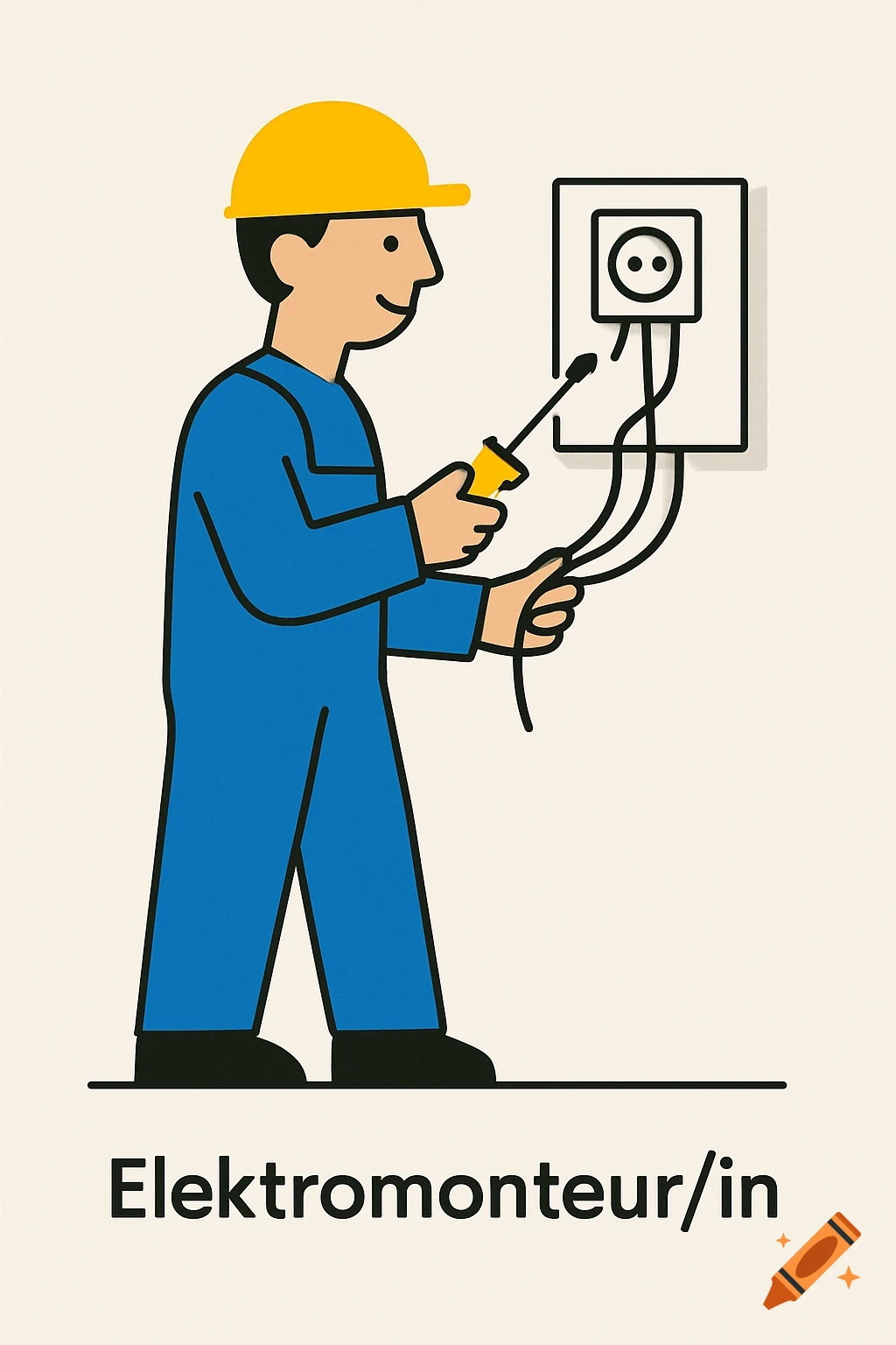Minimalist illustration of a male electrician in blue overalls and a yellow hard hat, working on an electrical outlet.