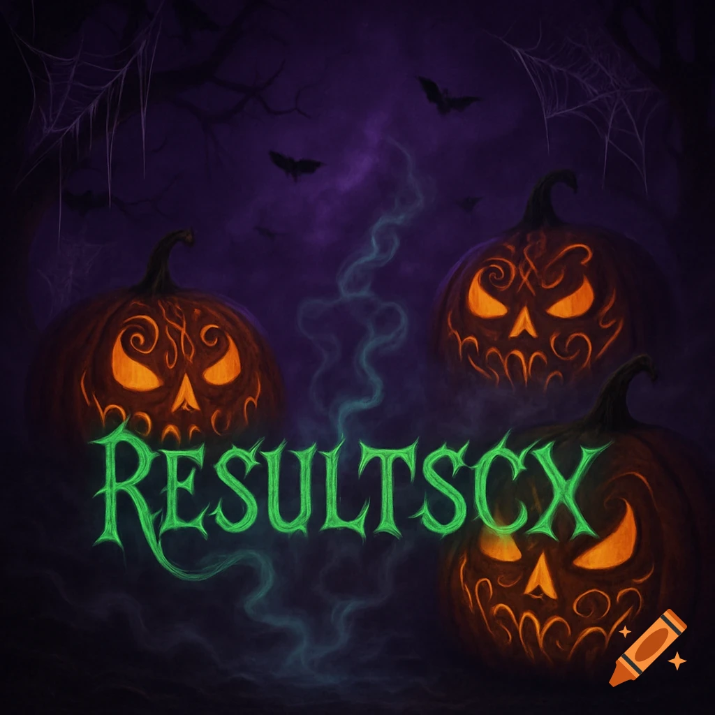 Three glowing jack-o'-lanterns in a spooky purple Halloween scene with bats and green glowing 'RESULTSCX' text. Digital illustration.
