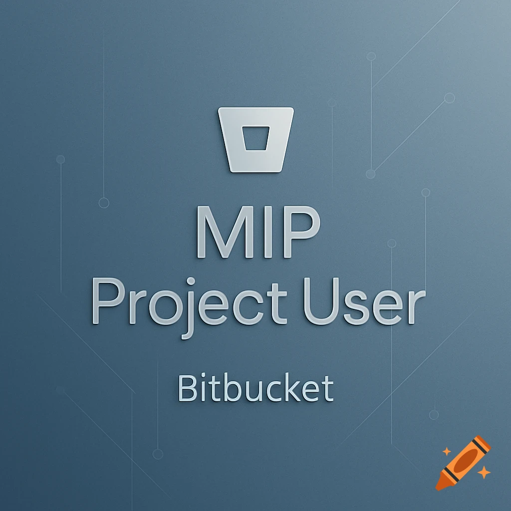 Minimalist logo on a blue background with a white bucket-like icon above the text "MIP Project User" and "Bitbucket".