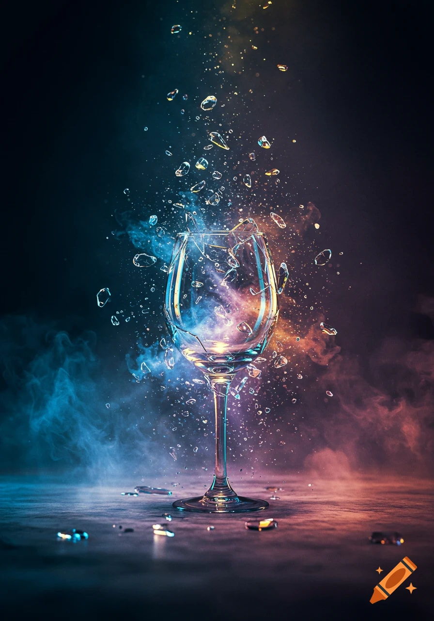A wine glass shattering into pieces, with water droplets and glass shards flying outwards, illuminated by blue and orange light and smoke against a dark background.