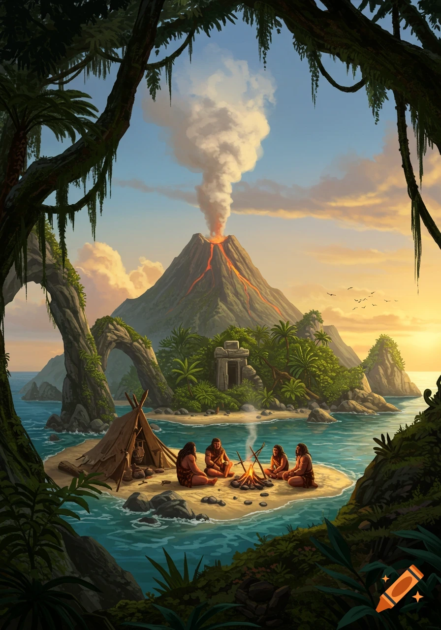 An illustrated fantasy island with a smoking volcano, tropical foliage, and cavemen gathered around a campfire by the water.