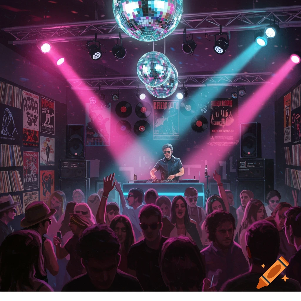 A vibrant rock music vinyl party scene with a DJ, disco balls, and a dancing crowd under neon pink and blue lights.