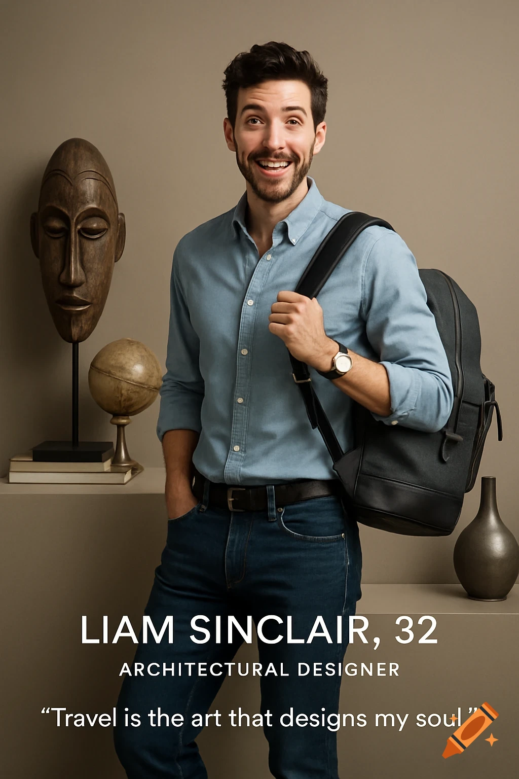 A smiling man in a blue shirt and jeans with a backpack stands next to a wooden mask and globe, with text overlay.
