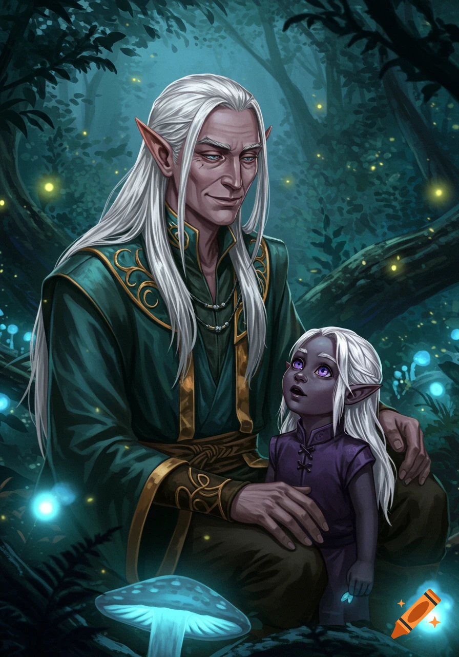 A white-haired elf and a drow child sit in a dark, magical forest illuminated by glowing mushrooms and fireflies, fantasy art.