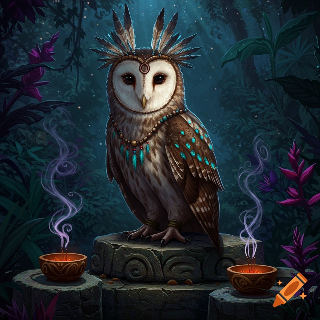 A majestic barn owl with a feathered headdress and turquoise beaded necklace sits on a stone pedestal in a dark, mystical jungle, with smoking incense bowls.
