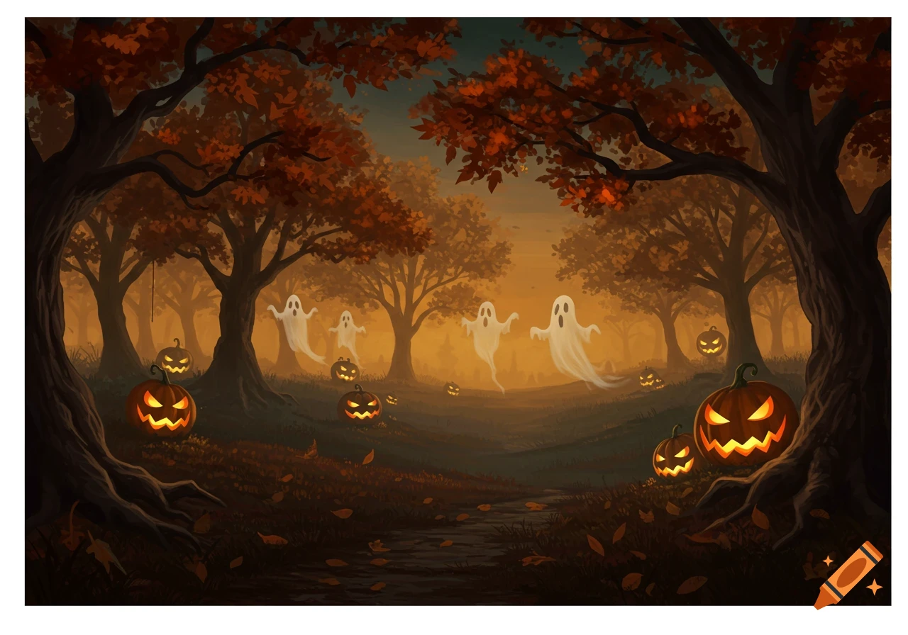 An illustration of a spooky Halloween forest with glowing jack-o'-lanterns, floating white ghosts, and dark trees with autumn leaves.