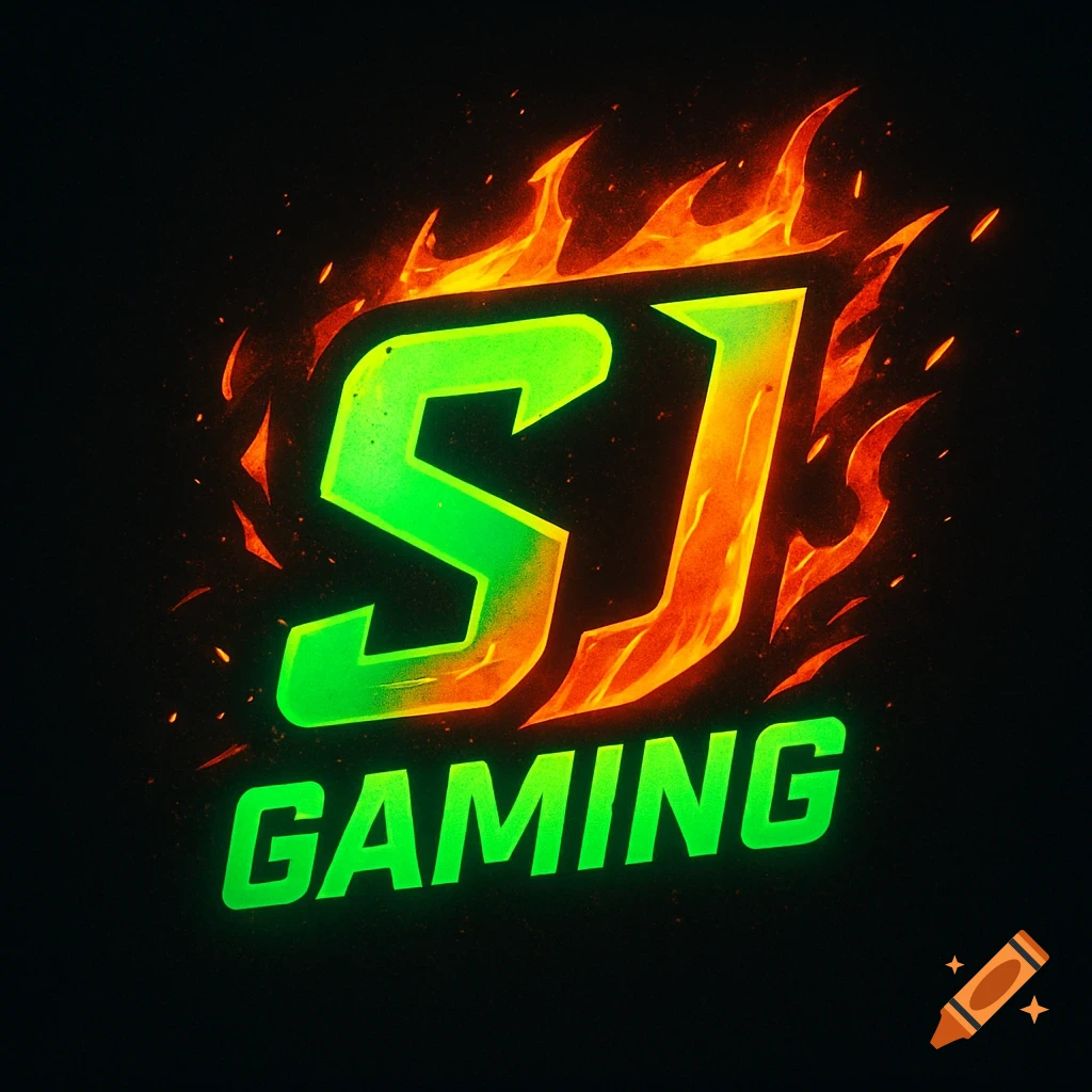 Green and orange 'SJ GAMING' logo engulfed in flames on a black background.