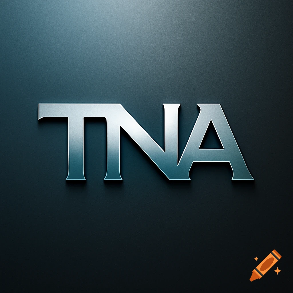 Metallic TNA logo with a blue tint on a dark textured background.