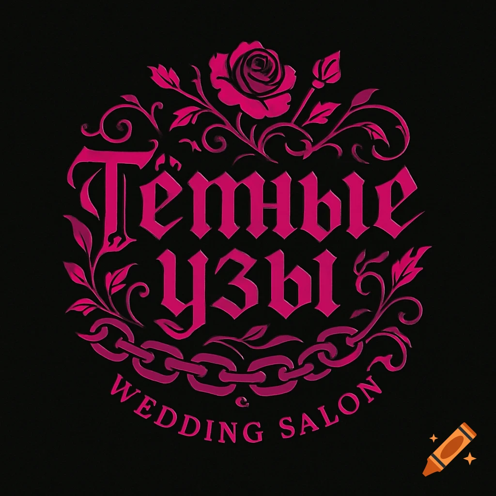 Gothic logo with pink text 'Тёмные узы WEDDING SALON', a rose, vines, and chains on a black background.