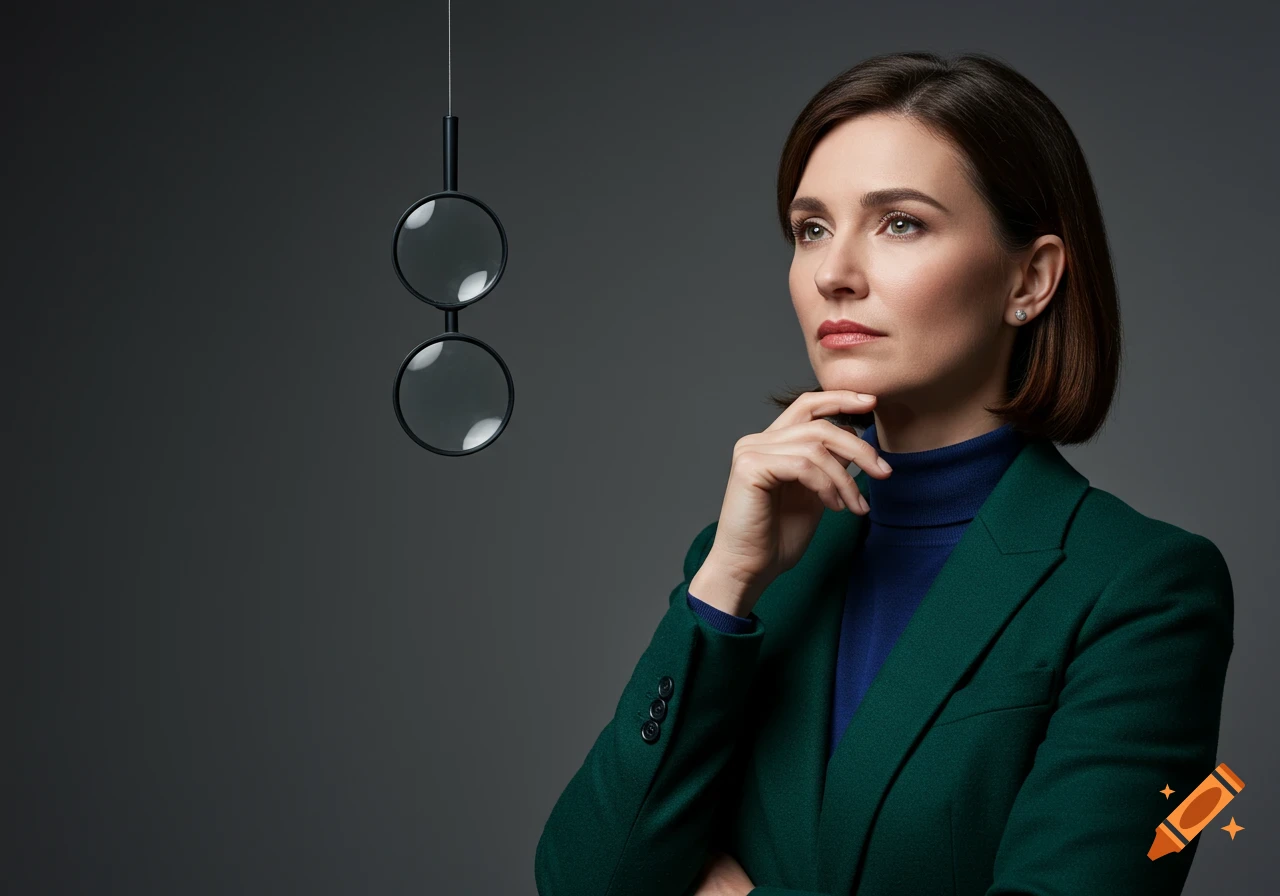 Professional woman in a green blazer, thoughtful, hand on chin, looking right, with two hanging magnifying glasses.