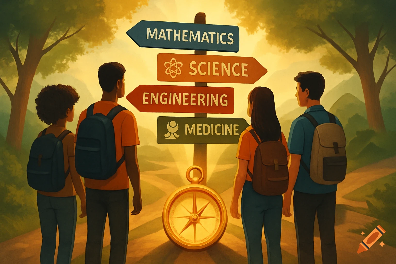 Four students with backpacks look at a signpost with directions to 'Mathematics', 'Science', 'Engineering', and 'Medicine' in a stylized illustration.