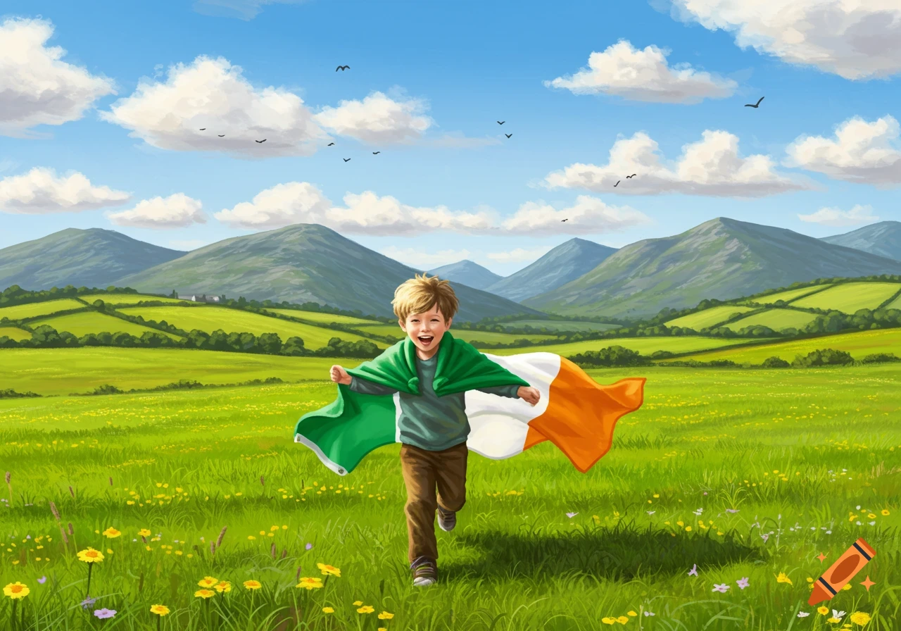 A happy boy runs through a green field, draped in an Irish flag, with mountains under a blue sky.
