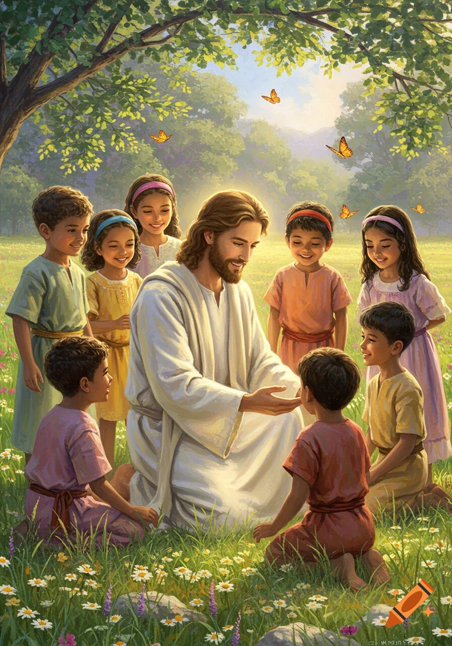 An illustration of Jesus Christ kneeling in a sunny, flower-filled field, surrounded by smiling children and butterflies.