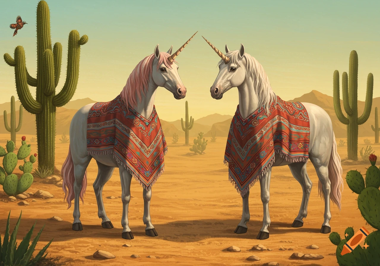 Two white unicorns with colorful ponchos stand in a desert landscape with saguaro cacti, rendered in a stylized illustration.