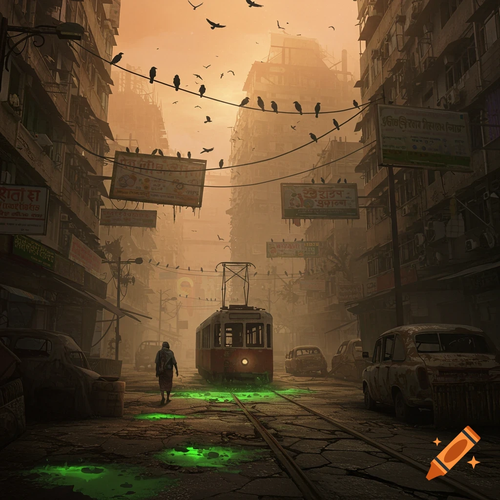 A person walks on a ruined, misty city street with a tram, abandoned cars, and green glowing liquid on the ground under a sunset sky.