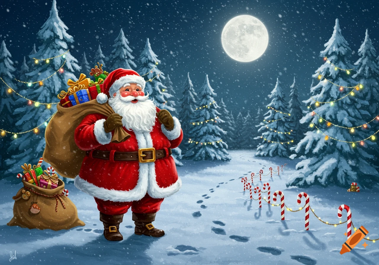 Santa Claus in a snowy, moonlit forest, carrying a sack of toys, with decorated pine trees and candy cane markers.