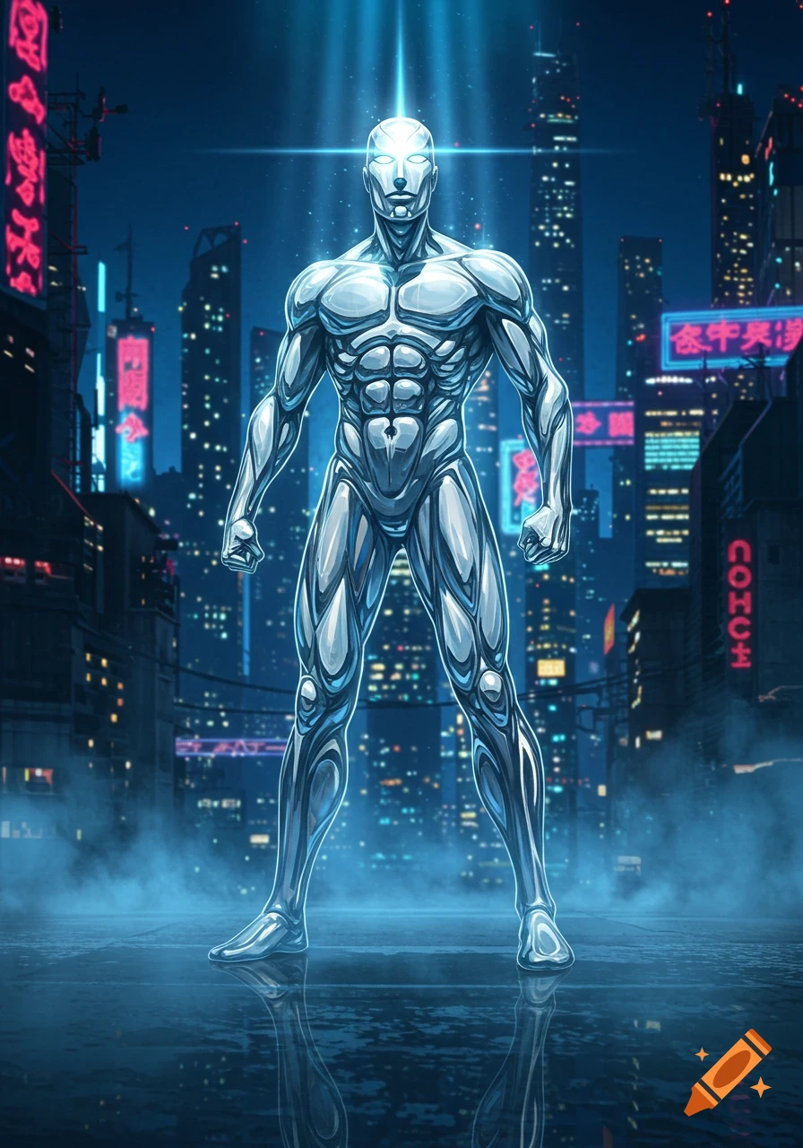 A metallic superhero with glowing eyes stands in a rainy, neon-lit cyberpunk city at night, reflecting blue light.