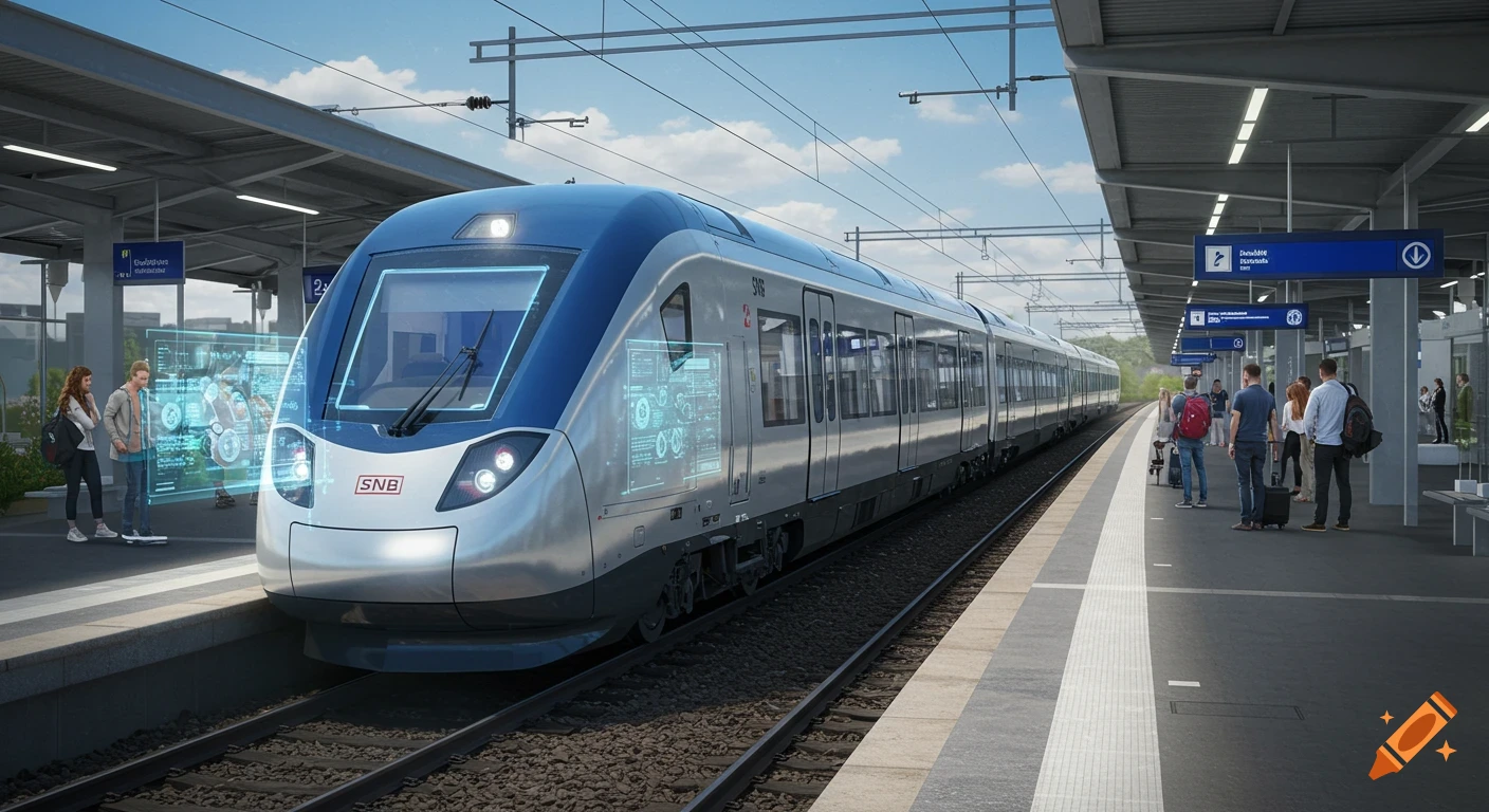 A futuristic train with holographic displays and AI branding arrives at a modern station platform with waiting passengers.