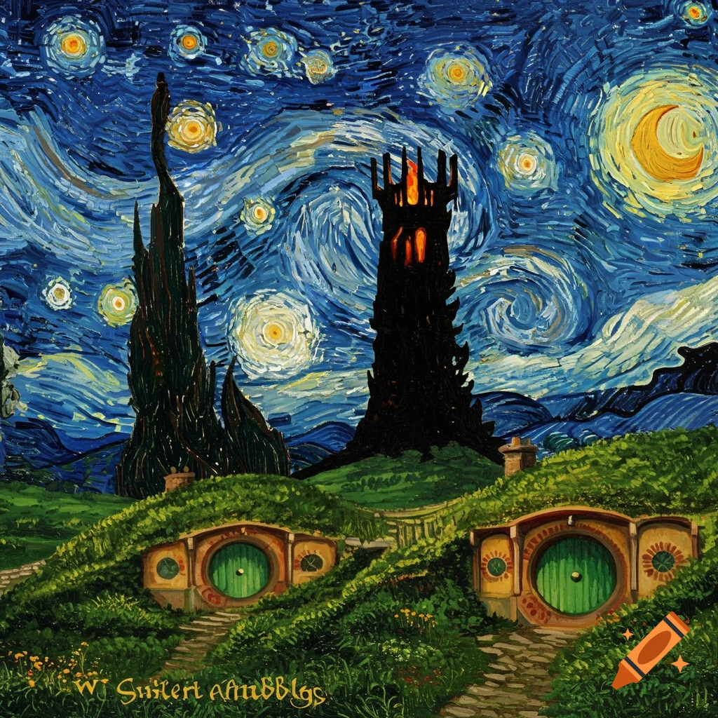 A vibrant painting in Van Gogh's Starry Night style, featuring Hobbit holes nestled in green hills beneath a swirling blue night sky with glowing stars and a crescent moon, with a dark, fiery Tower of Sauron and a tall cypress-like tree in the background.