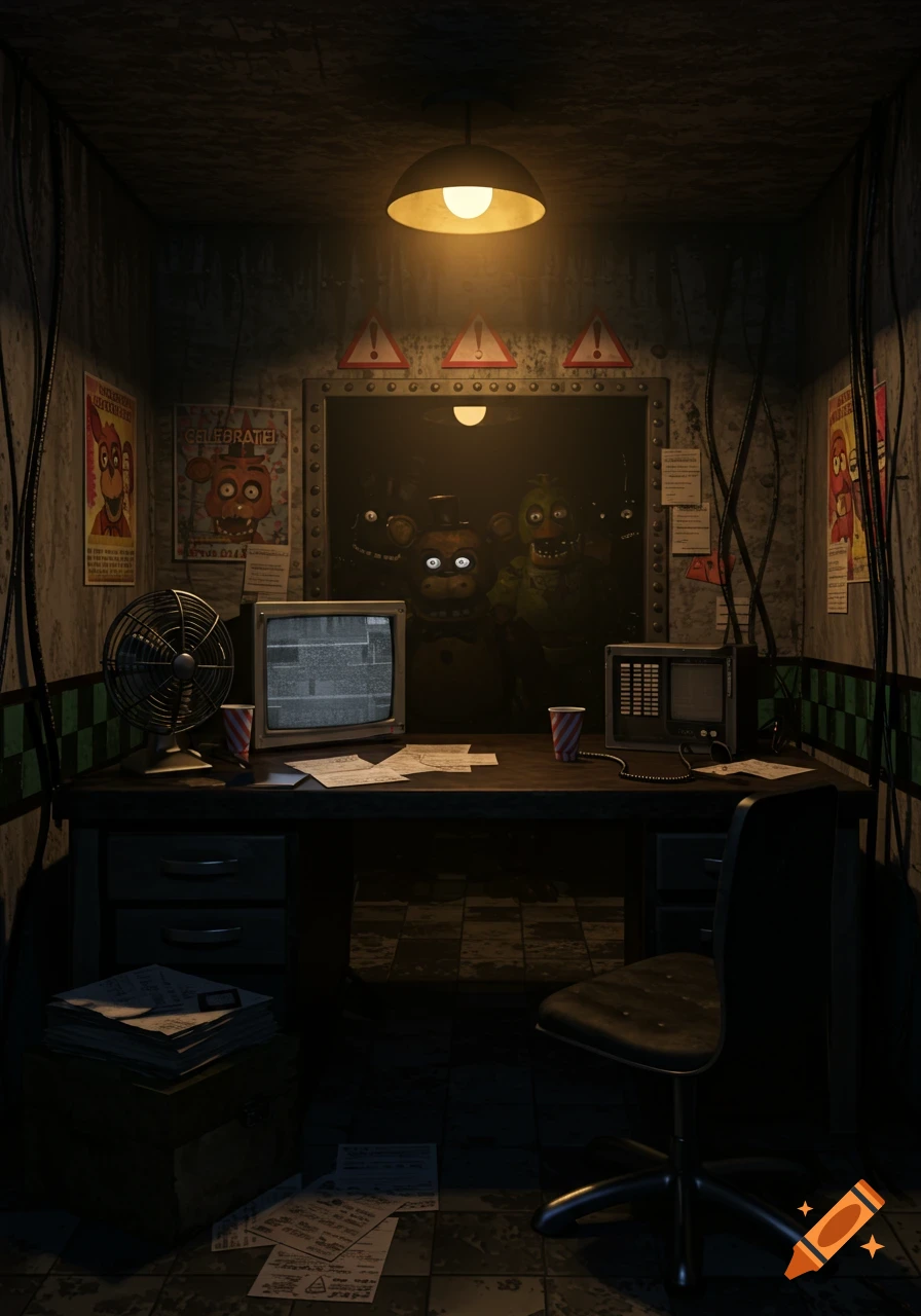 A dimly lit, cluttered office from Five Nights at Freddy's with animatronics peering from a dark doorway.