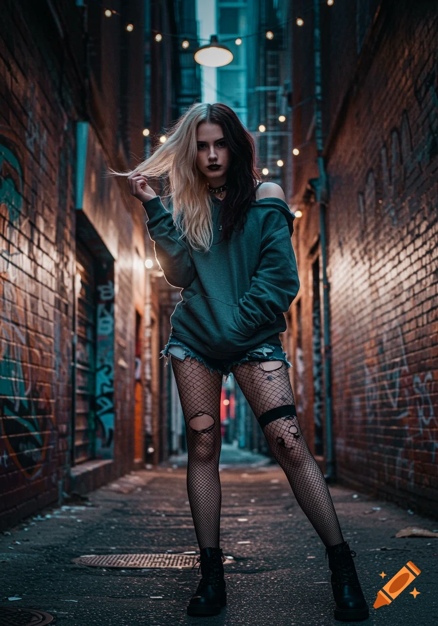 A woman with split-dyed hair, wearing a grey off-shoulder hoodie, ripped shorts, and torn fishnet stockings, stands in a dimly lit urban alley with string lights.