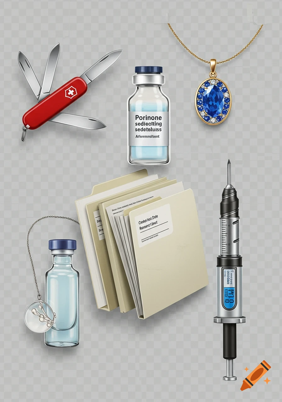 A set of objects on a transparent background, including a red Swiss Army knife, a medicine vial, a blue oval pendant necklace, beige file folders, and a metallic hypodermic syringe.