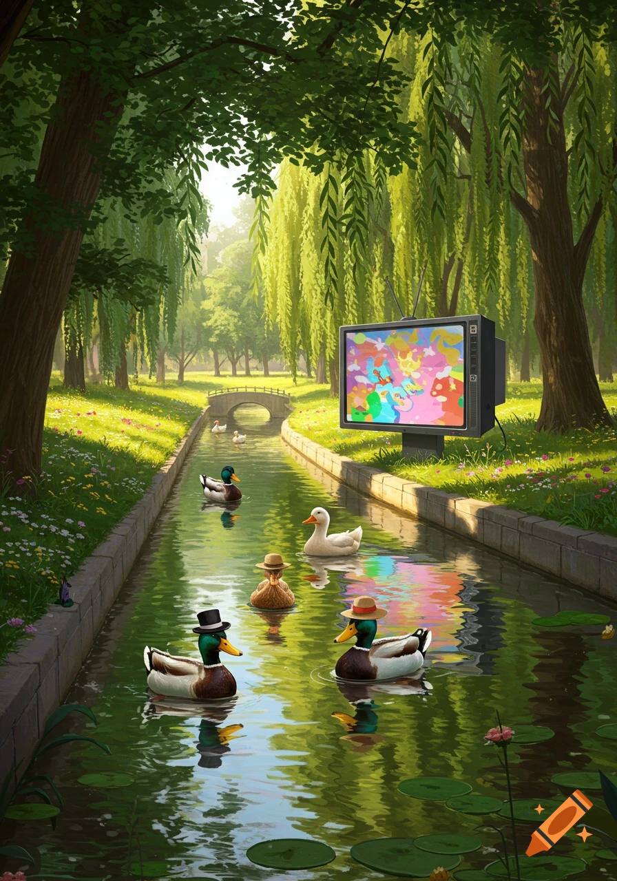 Ducks in hats float down a canal, watching a TV with colorful static, amidst lush green trees and a distant bridge.