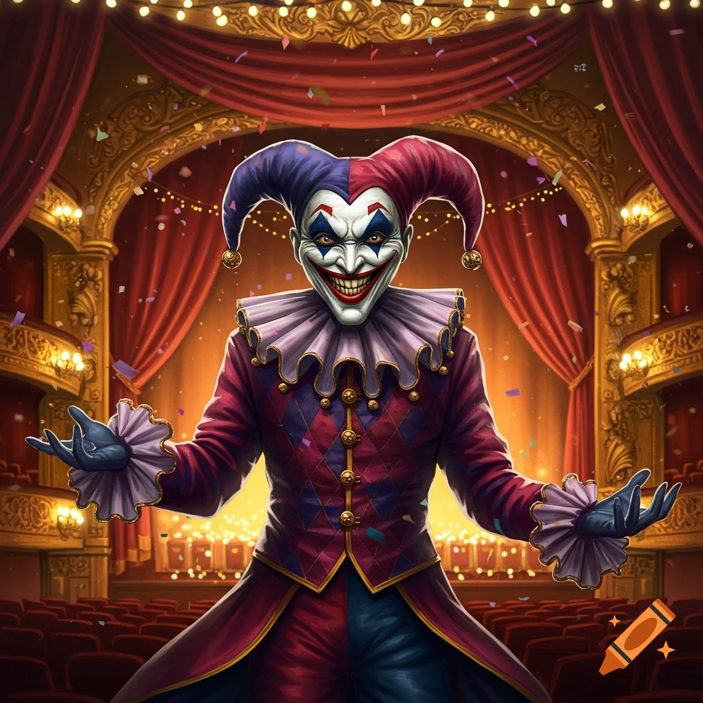 A sinister jester in a red and blue costume stands with arms outstretched on a grand theater stage, confetti falling around him.