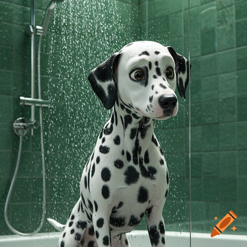 Photorealistic Dalmatian dog stands in a shower with water spraying, looking forward with wide eyes.