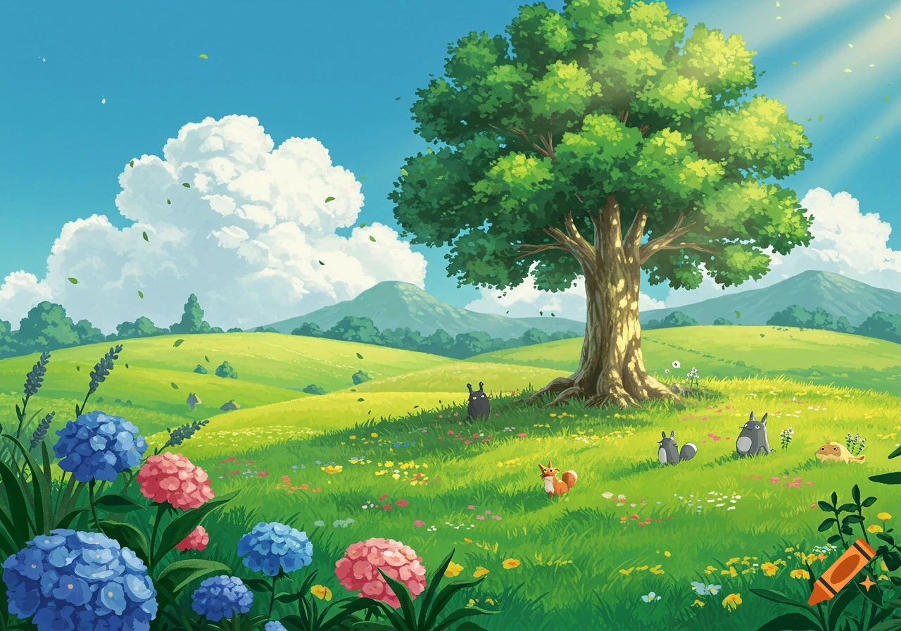 A vibrant Studio Ghibli-style landscape with a large tree, colorful hydrangeas, rolling hills, and small cute creatures.