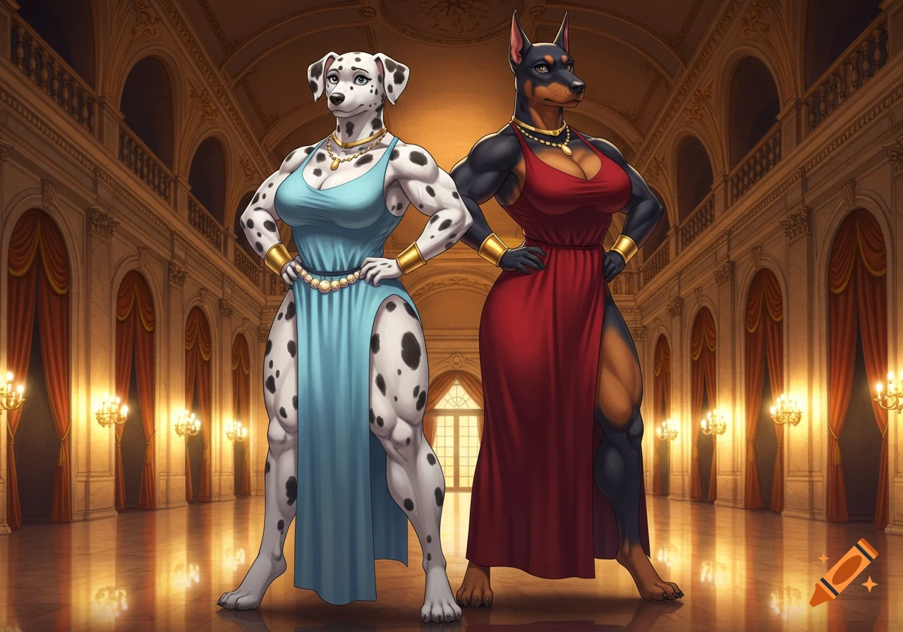 Anime drawing of muscular anthropomorphic Dalmatian in blue and Doberman in red elegant dresses posing in a grand ballroom.