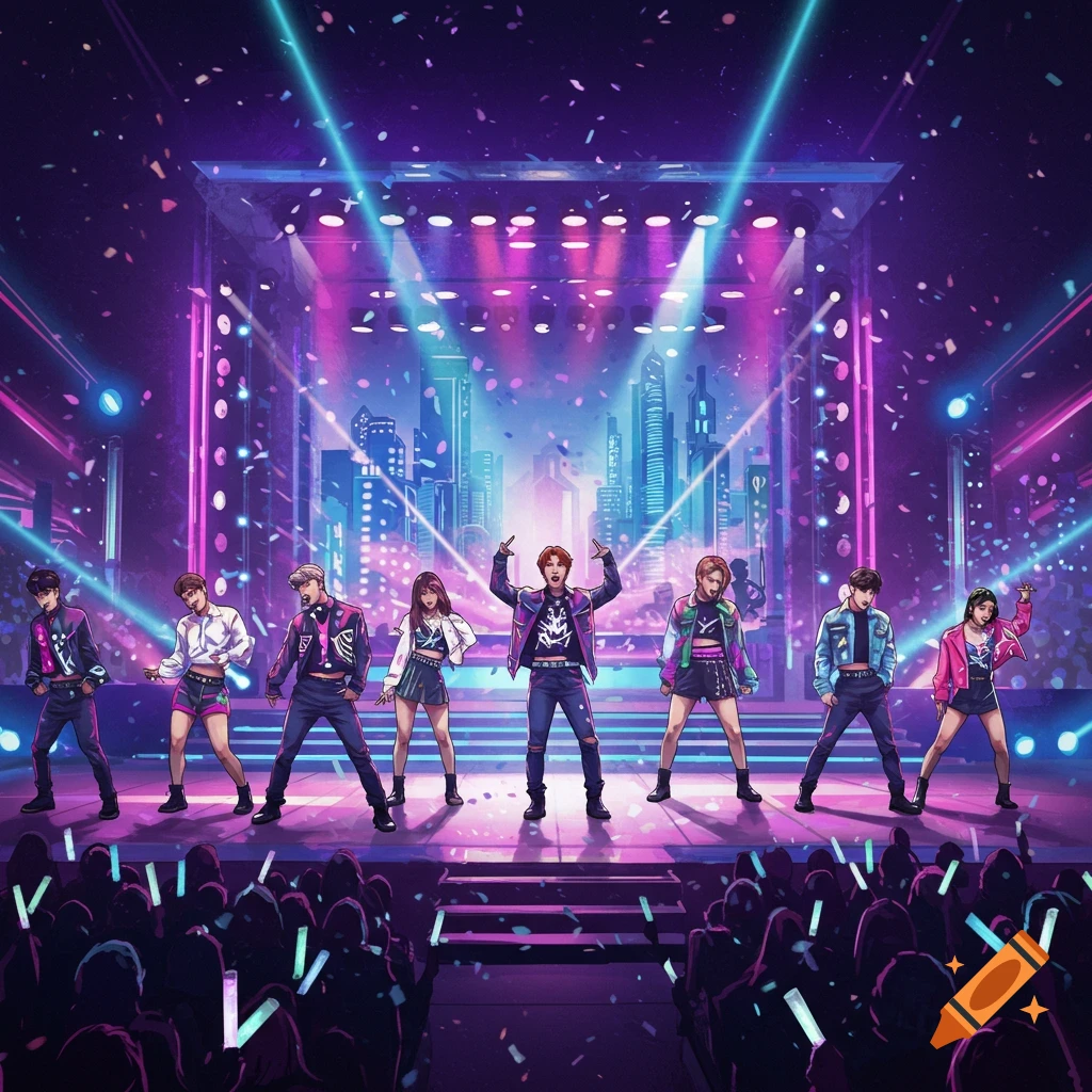A K-pop group performs on a stage with a futuristic city backdrop, bright lights, and falling confetti, watched by an audience.