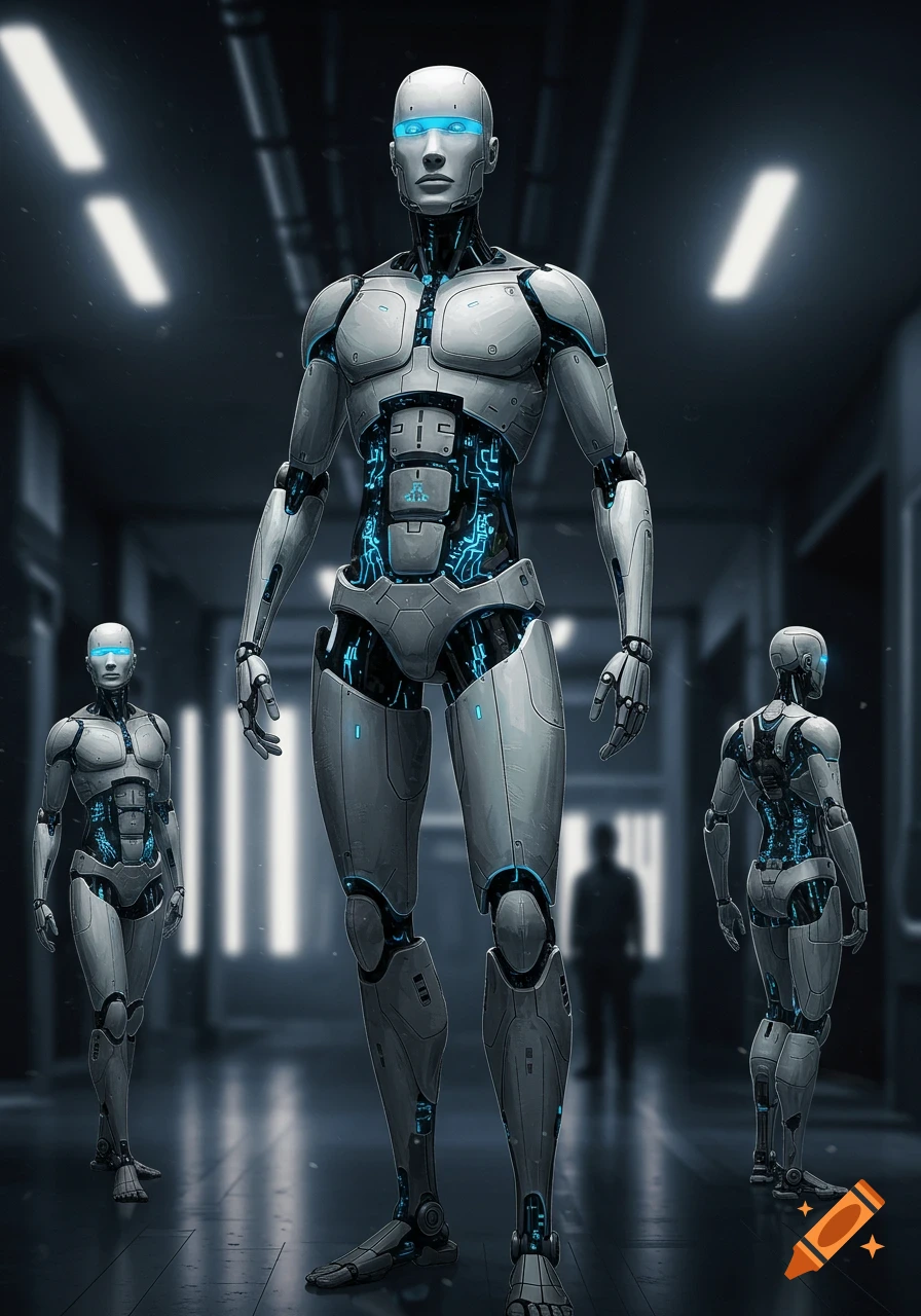 Three photorealistic silver androids with blue glowing circuits stand in a dark, futuristic hallway.
