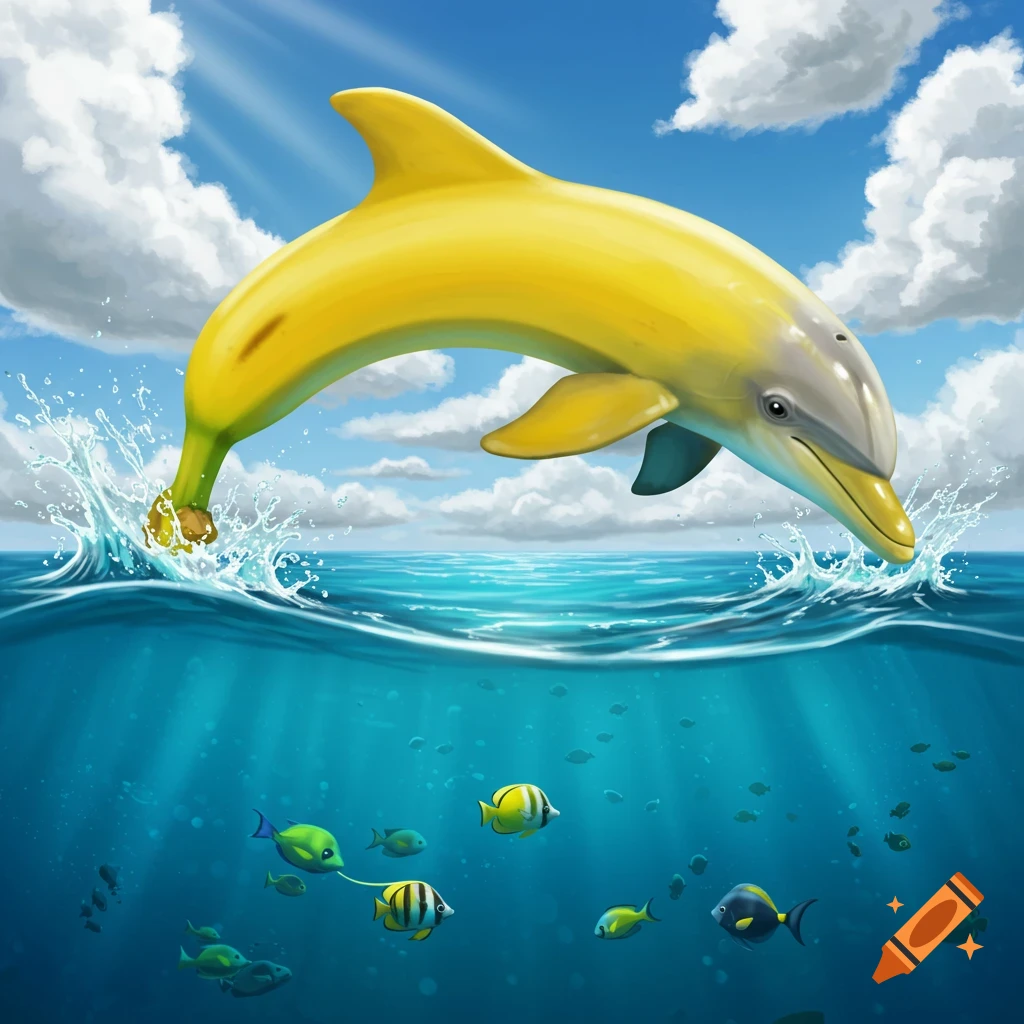 A yellow banana-dolphin jumps out of a blue ocean under a sunny sky with clouds. Fish swim in the clear blue water below.