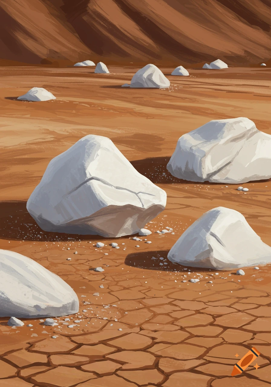 Stylized illustration of white rocks scattered across a cracked, reddish-brown barren landscape with hills in the background.