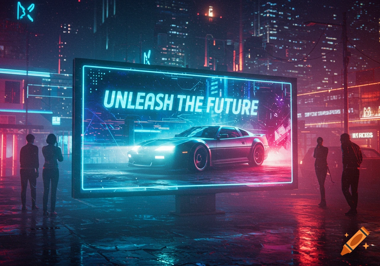 Cyberpunk city night with a neon billboard displaying 'UNLEASH THE FUTURE' and a glowing car, watched by silhouetted figures.