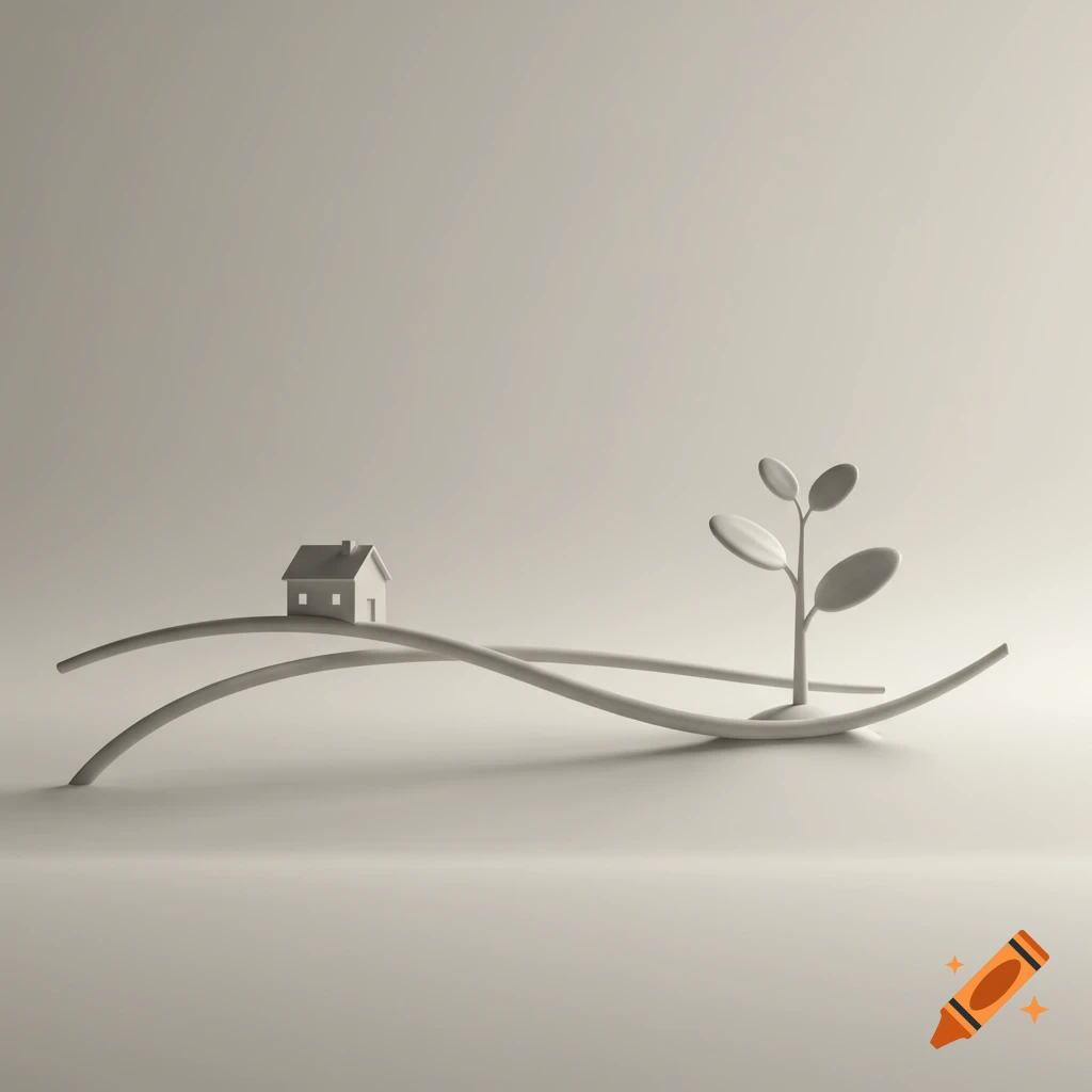 Minimalist 3D render of a small white house and a stylized plant on connecting curved white lines.