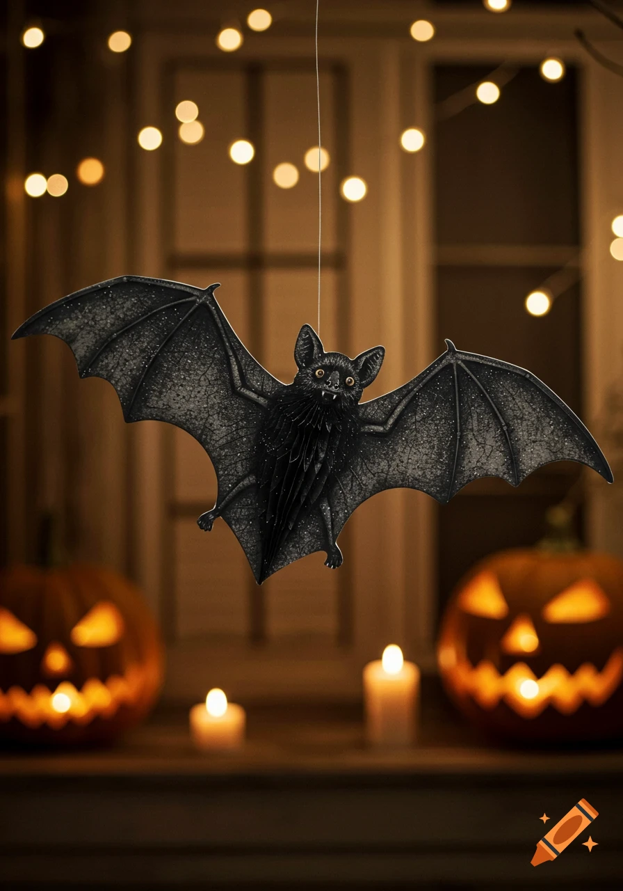 A black paper bat decoration hangs in front of glowing jack-o'-lanterns, candles, and string lights at night.