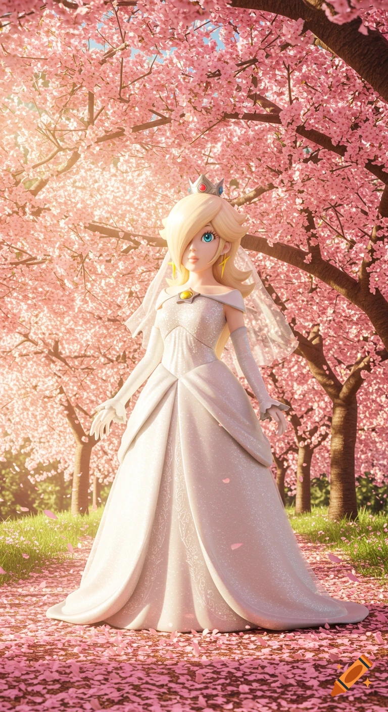 Princess Rosalina in a shimmering white wedding gown stands in a sunlit cherry blossom grove with pink petals.