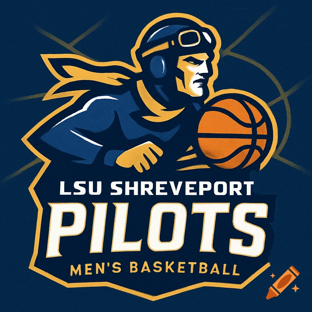 LSU Shreveport Pilots men's basketball logo featuring a stylized pilot in goggles and cap holding a basketball in blue and gold.